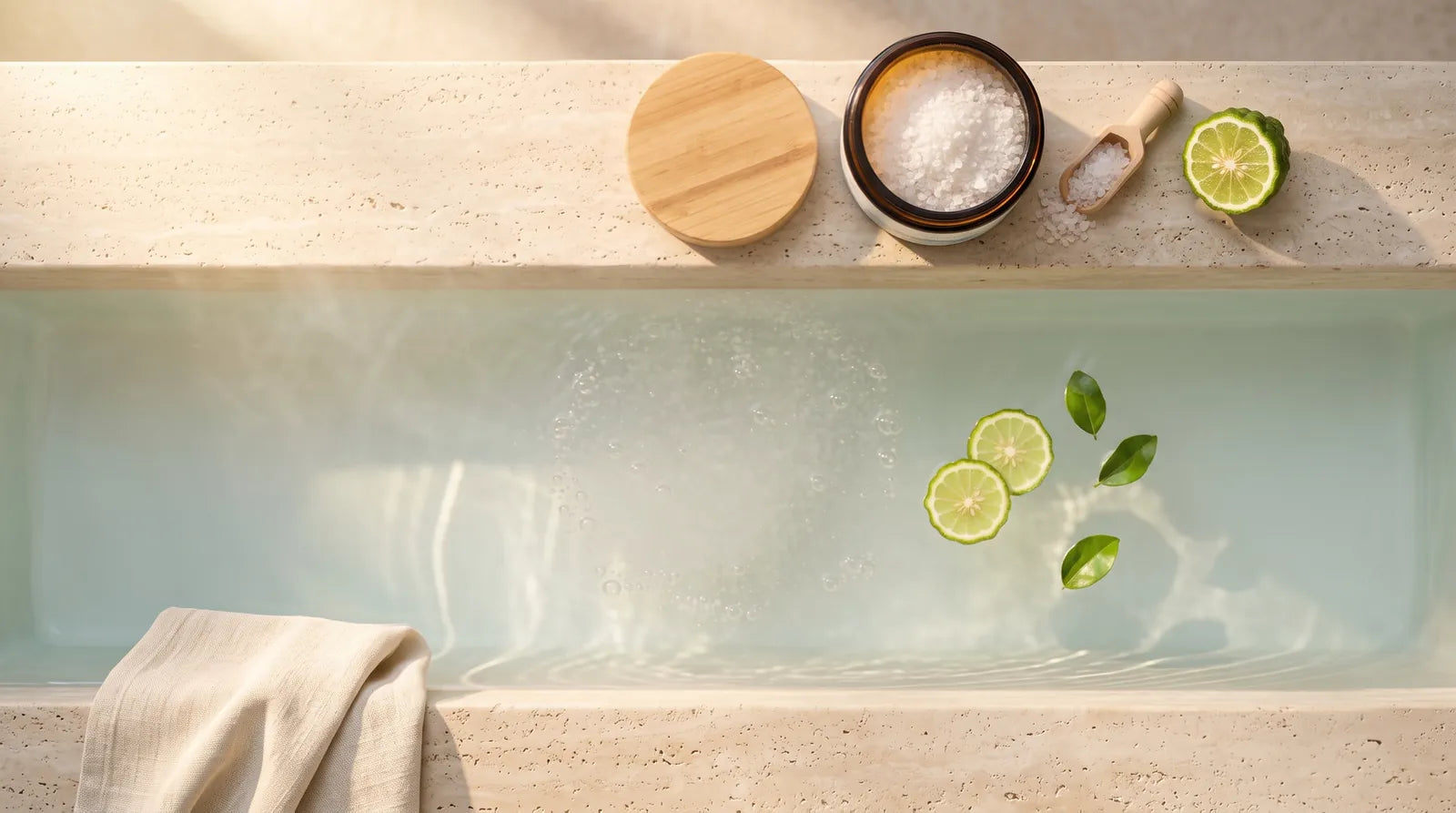 Seen from above: a travertine bath of warm water where Evening Recovery Soak crystals dissolve, with bergamot slices and leaves floating, the open amber jar, its bamboo lid and a wooden scoop on the rim.